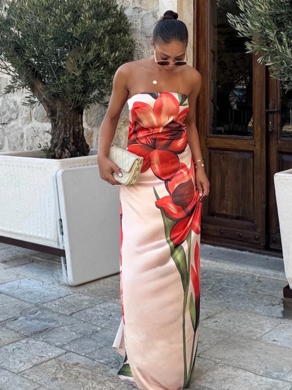 Strapless Satin Maxi Dress in Peach with Orange Floral Print